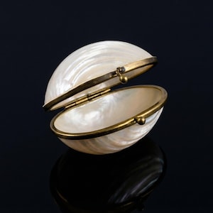May include: A clam shell-shaped trinket box with a pearlescent finish and a hinged lid. The box is trimmed with gold-coloured metal and has a clasp. The background is dark.
