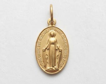 Vintage Miraculous Medal Pendant – French Catholic Virgin Mary Charm, Gold Tone Blessed Mother Medal