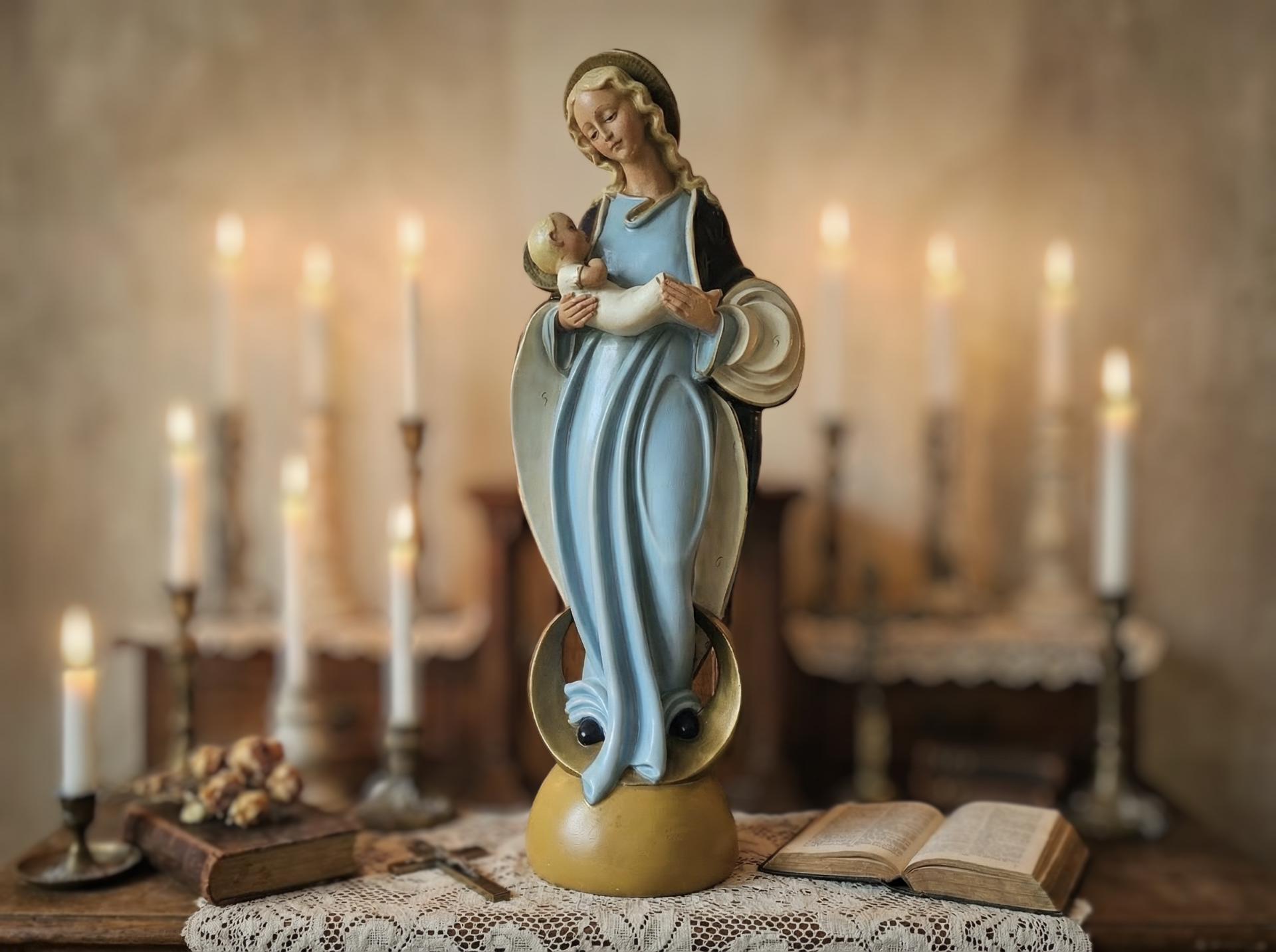 XL Art Deco Virgin Mary With Child Jesus Statue, Large French Madonna ...