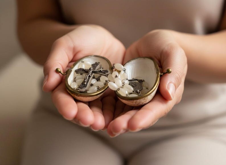 Open vintage mother-of-pearl clam shell box with brass trim, held in two hands and filled with a small white-beaded Catholic rosary and crucifix