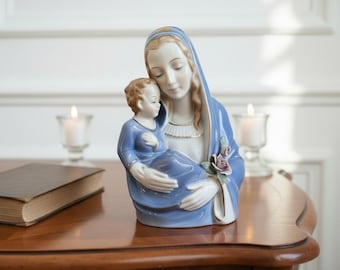 Vintage Porcelain Madonna and Child Statue, Mid-Century Catholic Altar Decor