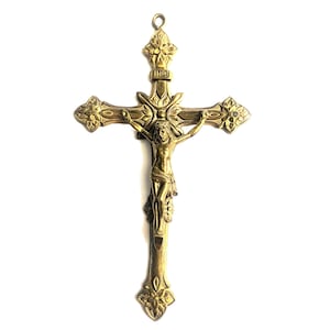 Ornate Antique Wall Hanging Brass Jesus Cross Crucifix | French Catholic Spiritual Home Decoration, made c. the 1930s, Large size 10 1/4&quot;