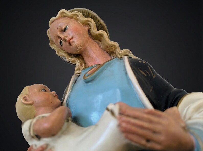 Large Virgin Mary Statue, Madonna and Child, French Plaster Art Deco ...