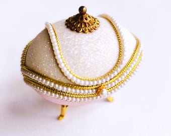 Vintage Fabergé Style Jewelry Box | Faux Pearl Egg Trinket Box | Catholic Rosary Box | 20th Century French Collectible