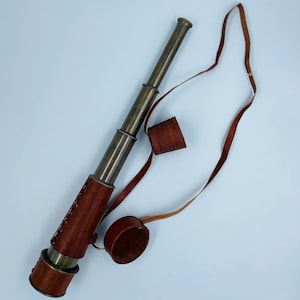 Antique Brass Pirate Telescope with Leather Case - Vintage Nautical Spyglass - Handheld Monocular for Gift, Decor or Adventure