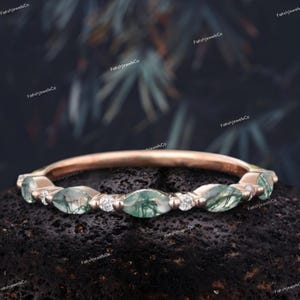 Half Eternity Marquise Moss Agate Wedding band Unique Rose Gold Moissanite Stackable Band Women Promise Matching Anniversary Ring For Her