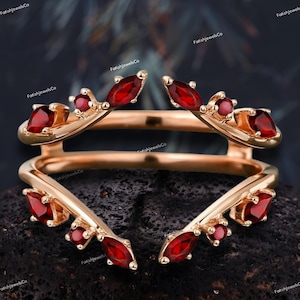 Marquise cut Natural Red Garnet Curved wedding band vintage rose gold wedding Band Bridal Antique Matching ring Dainty promise Band