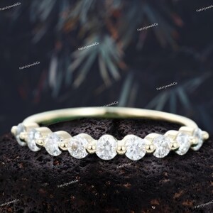 Vintage Moissanite wedding band women unique half eternity wedding band woman Stacking Matching band Bridal ring Solid 14K yellow Gold ring