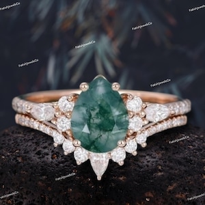 Pear shaped Moss Agate Engagement ring set Vintage marquise cut moss agate wedding band Rose gold moissanite Bridal set Anniversary gift