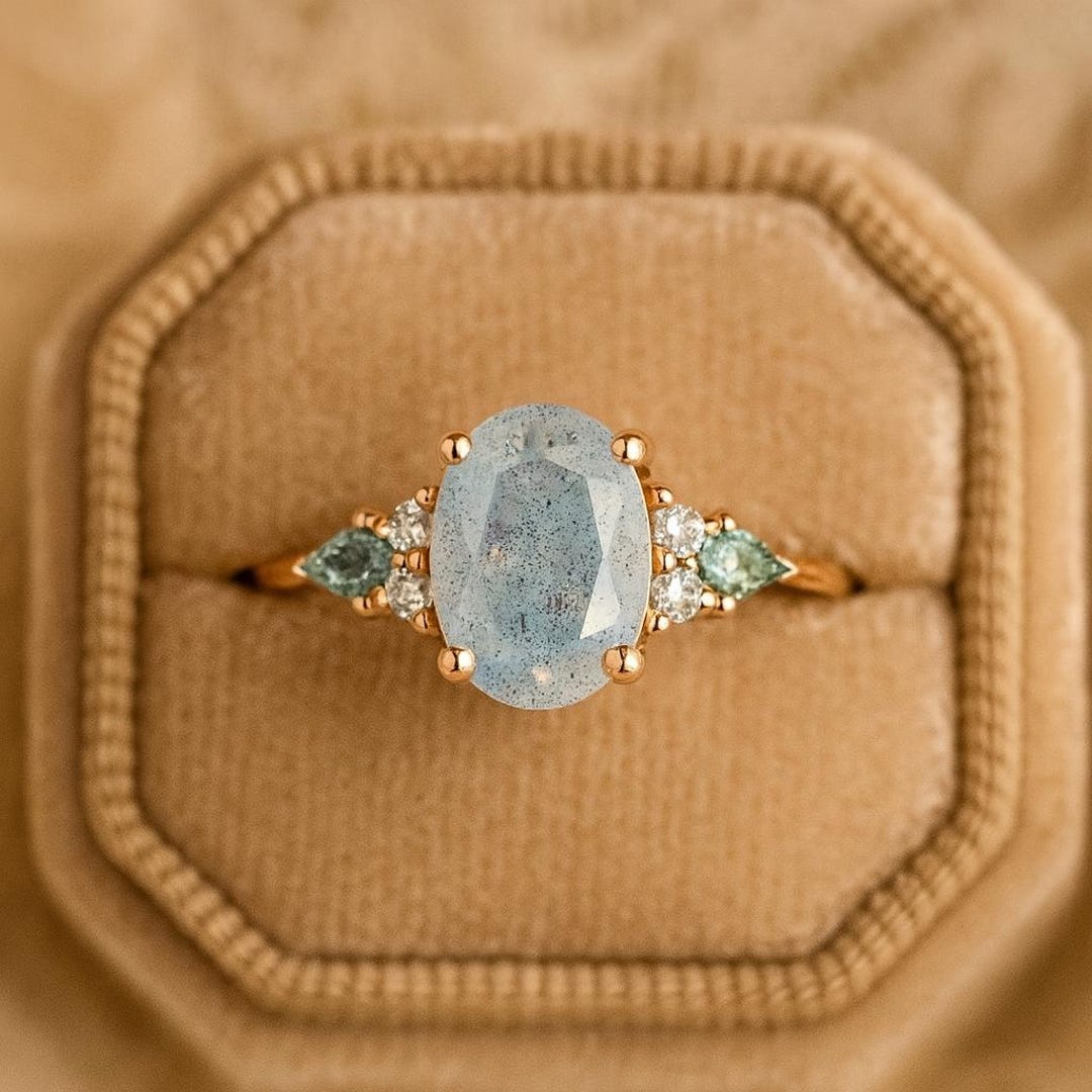 Oval Cut Labradorite Ring • Kite Cut Moss Agate Side Stones • Elegant ...