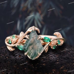 Anel de noivado em ágata musgo com corte de pipa inspirado na natureza, anel exclusivo com folha de galho de esmeralda com corte marquise, aliança de casamento com folha, anel de compromisso delicado