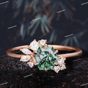 Hexagon Moss Agate Ring Vintage Green Moss Agate Engagement Ring Rose Gold Cluster Engagement Ring Unique Moissanite Wedding Ring For Women