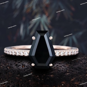 Coffin shaped Black onyx engagement ring Vintage moissanite Rose Gold engagement ring Unique Diamond ring Bridal Wedding Anniversary ring