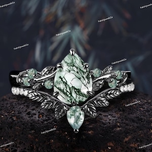 Gothic Black Gold Art Deco Pear Moss Agate Engagement Ring Sets Bridal Sets Leaf Ring Promise Ring Nature Inspired Gemstone Cluster Ring