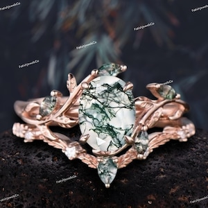 Vintage oval cut green moss agate engagement ring rose gold art deco cluster leaf nature inspired bridal promise wedding ring set women