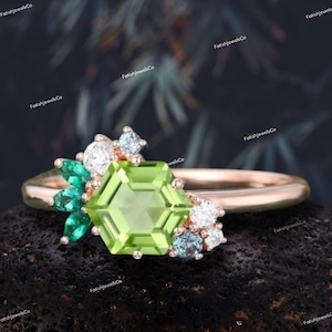 Hexagon cut Peridot Engagement Ring Unique Rose Gold Lab Emerald ring Moissanite Bridal Wedding Ring Art deco alexandrite Birthstone ring