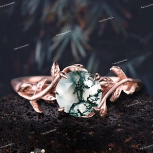 Vintage Round cut green moss agate engagement ring yellow gold art deco cluster leaf nature inspired bridal promise wedding ring set women