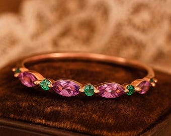 Ametist Smaragd Marquise Ring • Roséguld Stapelband.