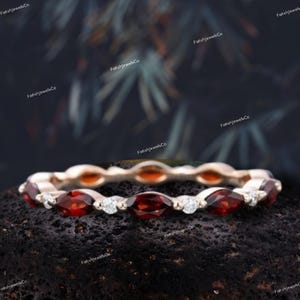 Marquise cut Garnet wedding band vintage rose gold Moissanite ring Full eternity band Bridal ring promise ring Matching Anniversary ring
