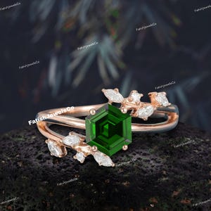 ペリドットリング ヘキサゴンカット レディース ブライダル エンゲージメント モアッサナイトリング 14K ローズゴールド、シルバー、プロミスリング、アールデコリング、結婚指輪