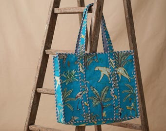 Hand Printed Cotton Quilted Tote Bag: Shopper bag with zip Boho beach bag blue jungle print weekender