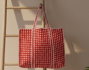 Hand Block Printed Cotton Quilted Tote Bag: Boho Red Gingham Print beach Travel weekender