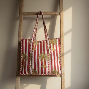 Palm Tree Handprinted Large Quilted Tote Bags | Boho Overnight Weekender Beach Tote Bag | Eco Friendly Shopping Grocery Gift Bags For Women