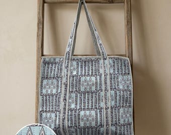 Hand Block Printed Cotton Tote Bag: Bridesmaid gift bag Quilted Shopper Weekender