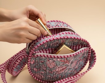 Handmade Floral Quilted Sling Bag, Indian Block Print Cotton