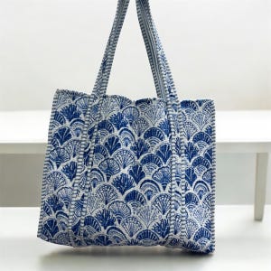 Blue Floral Handprinted Large Cotton Quilted Tote Bags | Boho Overnight Weekender Beach Tote Bags | Shopping Grocery Travel Bags for Women