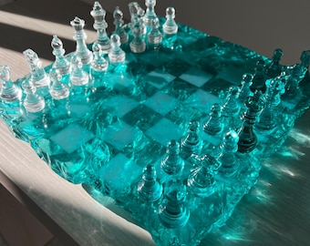 Iceberg Resin Chessboard, Handmade Modern Chess Set, Epoxy Board Game Decor, Customizable Ocean Piece
