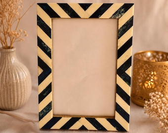 Handmade Bone Inlay Photo Frame | Navy Blue White MDF Tabletop Decor (4x6 Inch)