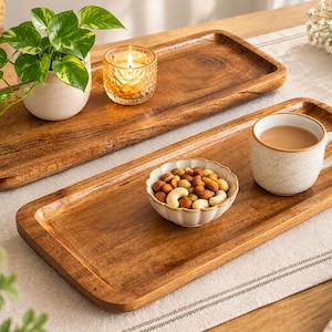 Juego de 2 bandejas rectangulares hechas a mano, bandejas rectangulares de madera para servir, decoración rústica para el hogar, bandeja para café y desayuno, bandeja de madera hecha a mano