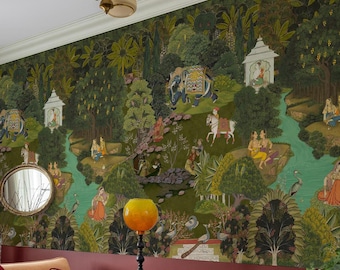 Mughal Garden Scenic Wallpaper Mural With Elephants And Indian Palace Botanical Vintage Indian Wall Mural Peel And Stick Removable Wallpaper