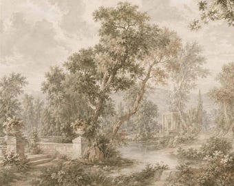 May include: A sepia-toned landscape drawing featuring a lush garden with tall trees, dense foliage, and a central pond. A stone terrace with decorative urns sits on the left, while a small architectural structure is visible in the distance.