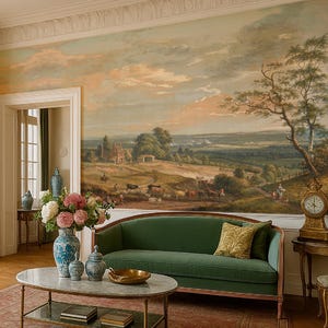 May include: A living room with a green sofa, a marble-topped coffee table, and a red rug. A large landscape painting adorns the wall. Decorative vases and a gold clock add to the room's elegance. The room has a classic, traditional style.