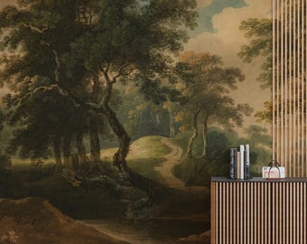 Puede incluir: Un mural paisajístico que representa una escena de bosque con un camino sinuoso, árboles y un cielo nublado. El mural está montado en una pared junto a un mueble de madera con libros y un objeto decorativo.
