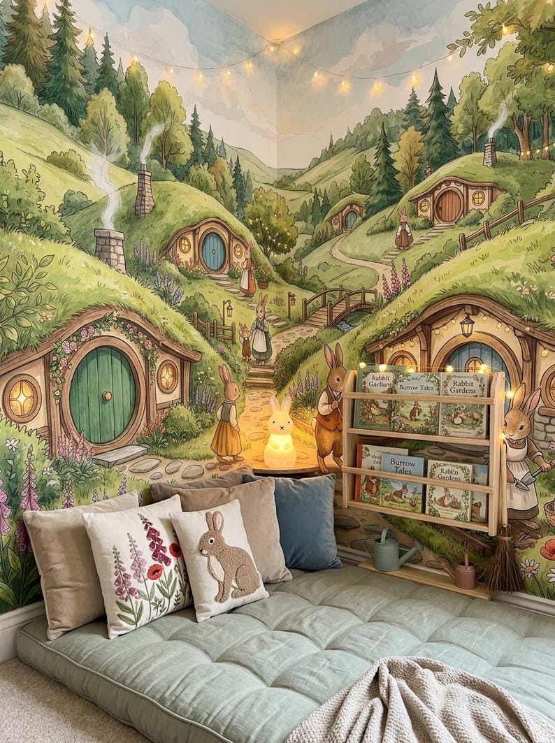 Whimsical Wallpaper With Fairytale Bunny Village and Forest Cottages ...