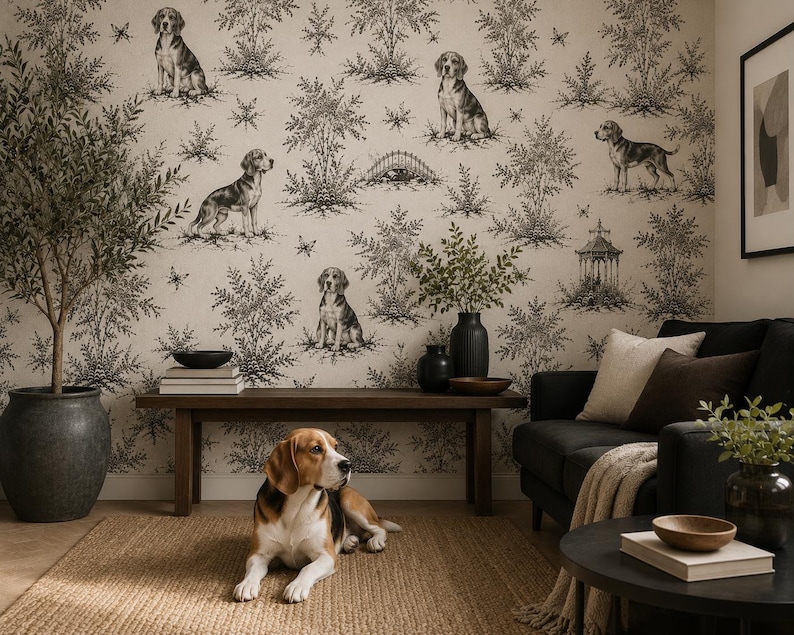 May include: Wallpaper featuring a repeating black and white toile pattern of beagle dogs, trees, and garden structures. The design includes various illustrations of dogs in different poses amidst foliage, set against a light cream-colored background.