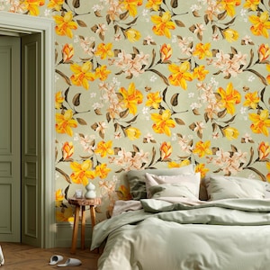Vintage Floral Wall Mural – Bold Yellow & Peach Flowers on Sage Green – Retro Botanical Wallpaper, Custom Size