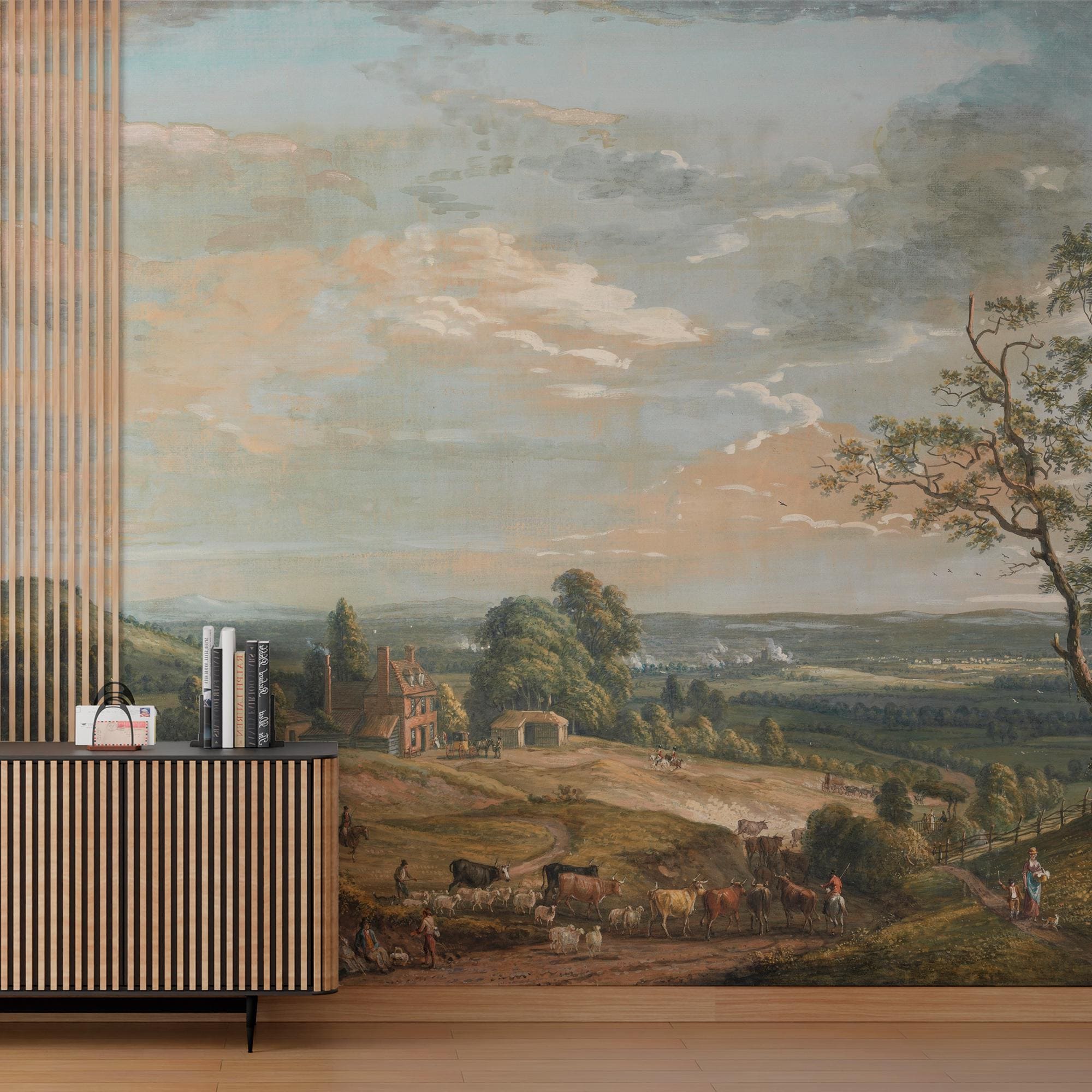 Vintage Wallpaper Scenic Countryside Landscape Mural in Beige Neutral ...