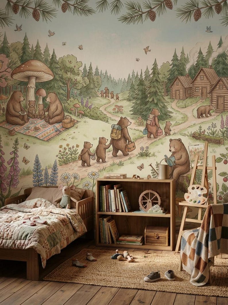 Woodland Bear Wallpaper Peel and Stick for Nursery Kids Room and Forest ...