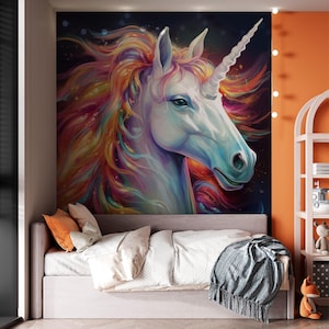 Colorful Unicorn Wall Mural for Kids Room – Fantasy Rainbow Horse Wallpaper – Magical Nursery Wall Decor – Custom Size