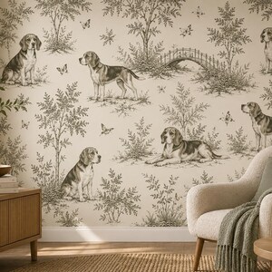 May include: Wallpaper featuring a repeating toile pattern in dark brown on a cream background. The design depicts beagle dogs in various poses, including sitting, standing, and lying down, interspersed with trees, bushes, butterflies, and a bridge.