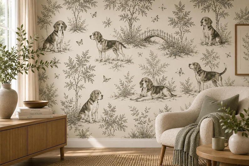 May include: Wallpaper featuring a repeating toile pattern in dark brown on a cream background. The design depicts beagle dogs in various poses, including sitting, standing, and lying down, interspersed with trees, bushes, butterflies, and a bridge.