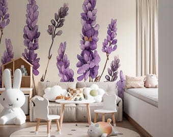 Lavender Wallpaper Peel and Stick For Nursery And Girls Room, Watercolor Floral Wall Mural For Kids Bedroom Playroom
