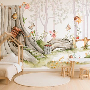 Fairy Forest Wall Mural for Kids Room – Watercolor Tree House and Magic Fairies | Enchanted Woodland Wallpaper for Nursery