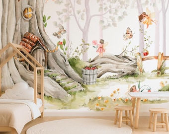 Fairy Forest Wall Mural, Kids Room Wallpaper, Enchanted Woodland Peel and Stick Mural, Magical Forest Wall Decor, Removable Self
