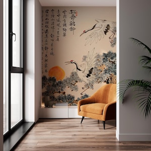 Chinesischer Kranich Wandbild - Traditionelle Orientalische Tapete mit Kalligraphie - Individuelle Wandkunst im asiatischen Stil