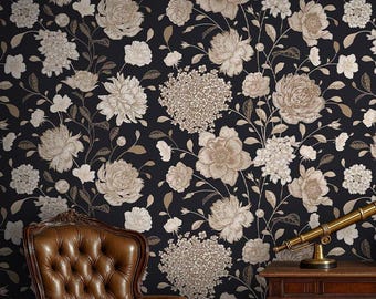 Moody Floral Wallpaper Mural, Black Floral Wallpaper Peel and Stick, Dark Big Flower Wall Mural, Unique Wallpaper for Bedroom